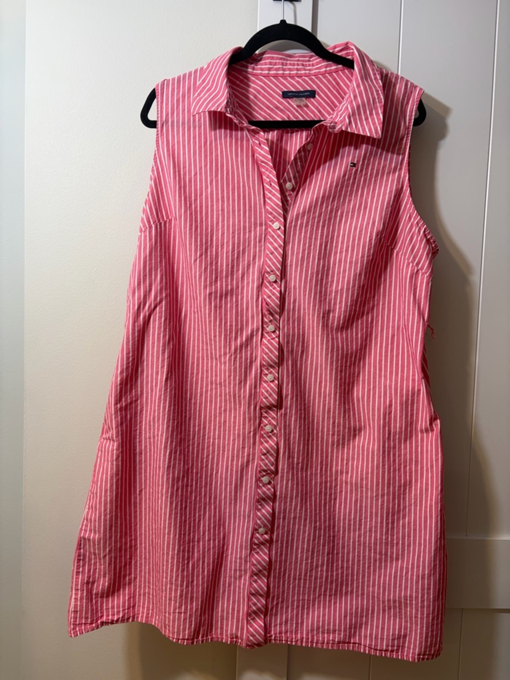 Tommy Hilfiger Pink and White Striped Sleeveless Button-Front Midi Dress